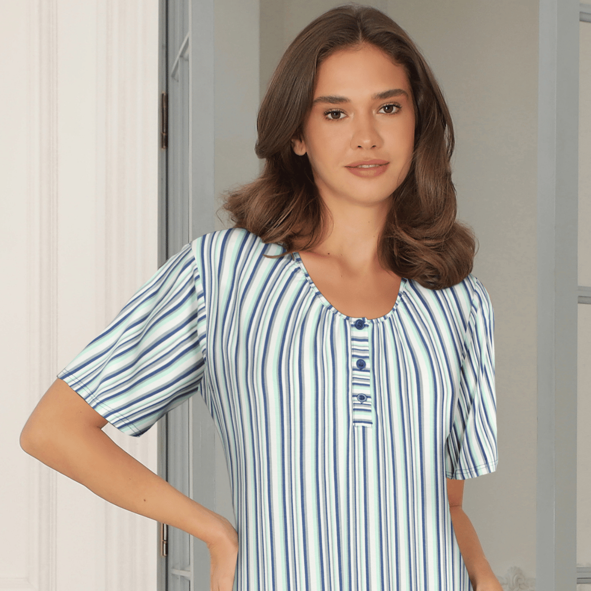 Lady Avenue Bamboo natkjole, multi - 62-705 - 650 - Blue/Grey Stripe