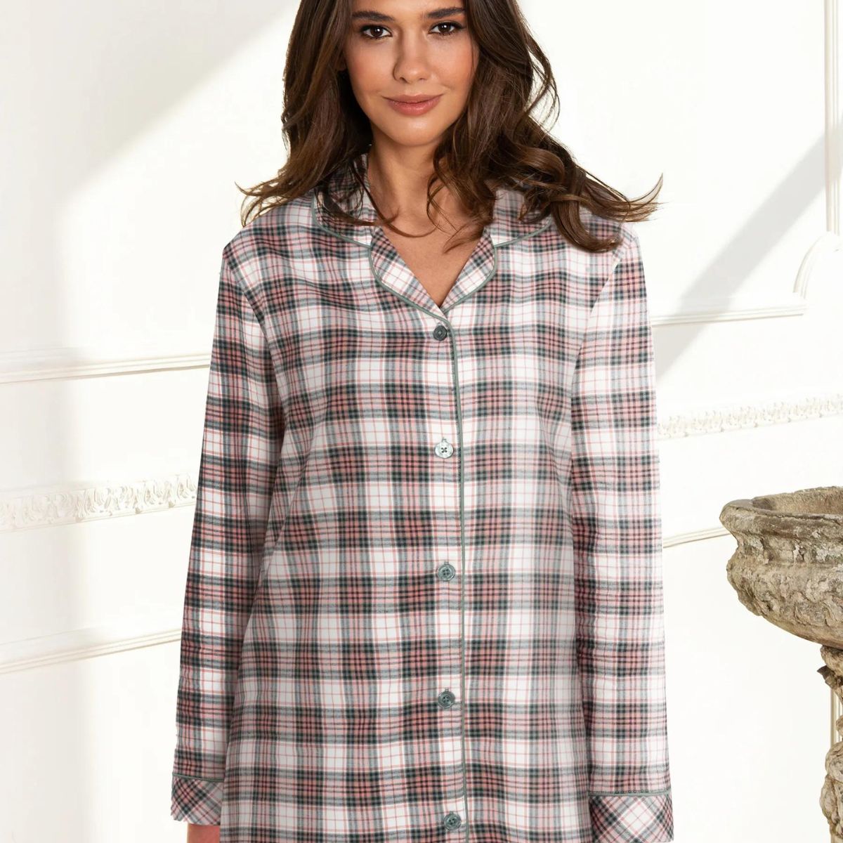 Lady Avenue Cotton Flannel natskjorte, multi - 83-1185 - 361 - Army/Terracotta