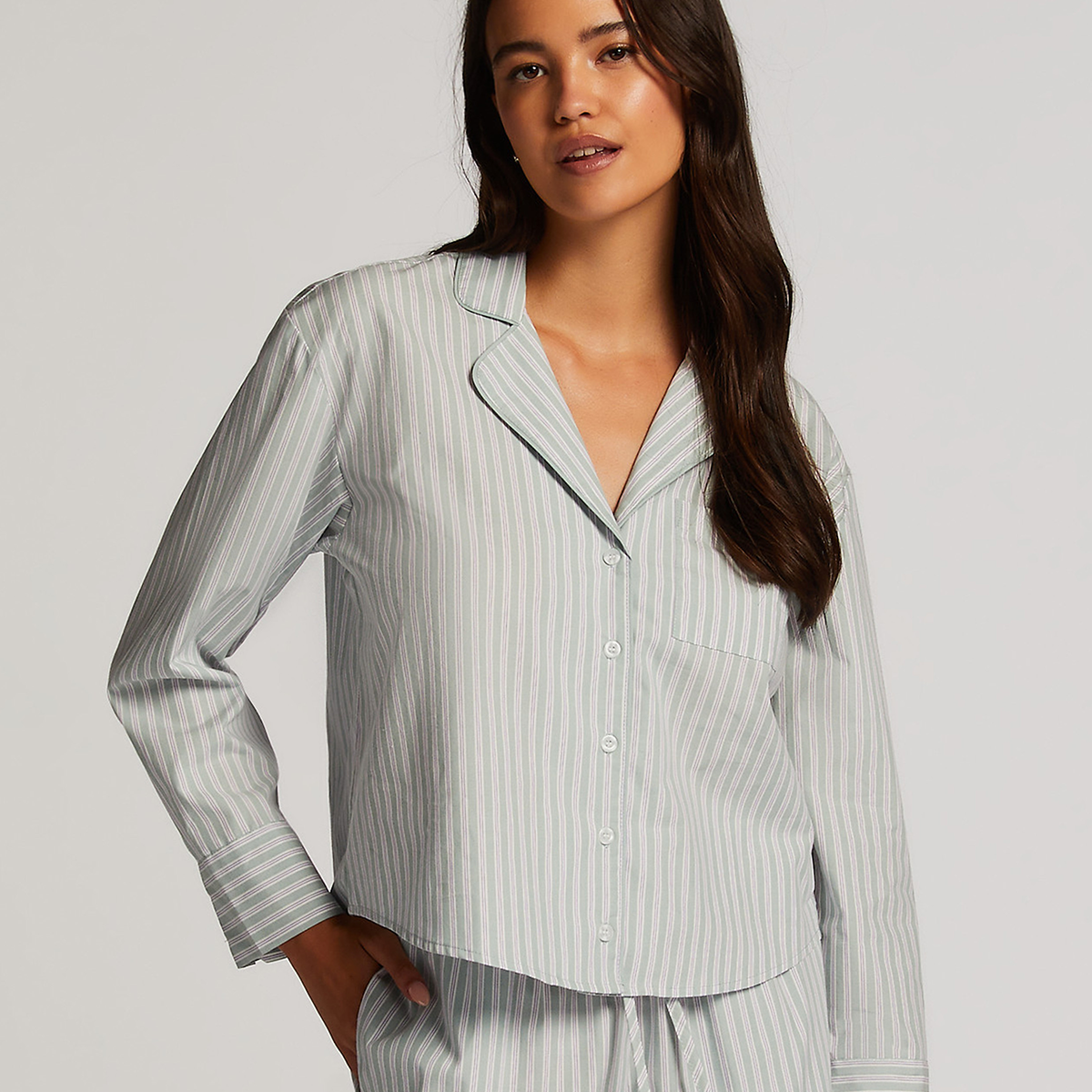 Hunkemöller Cotton Stripe natskjorte, grøn - 205132 - HARBOR GRAY - Harbor Gray