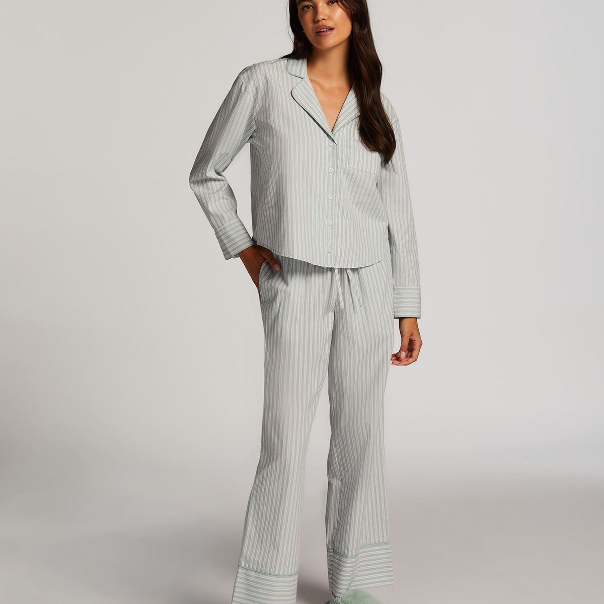 Hunkemöller Cotton Stripe natskjorte, grøn - 205132 - HARBOR GRAY - Harbor Gray