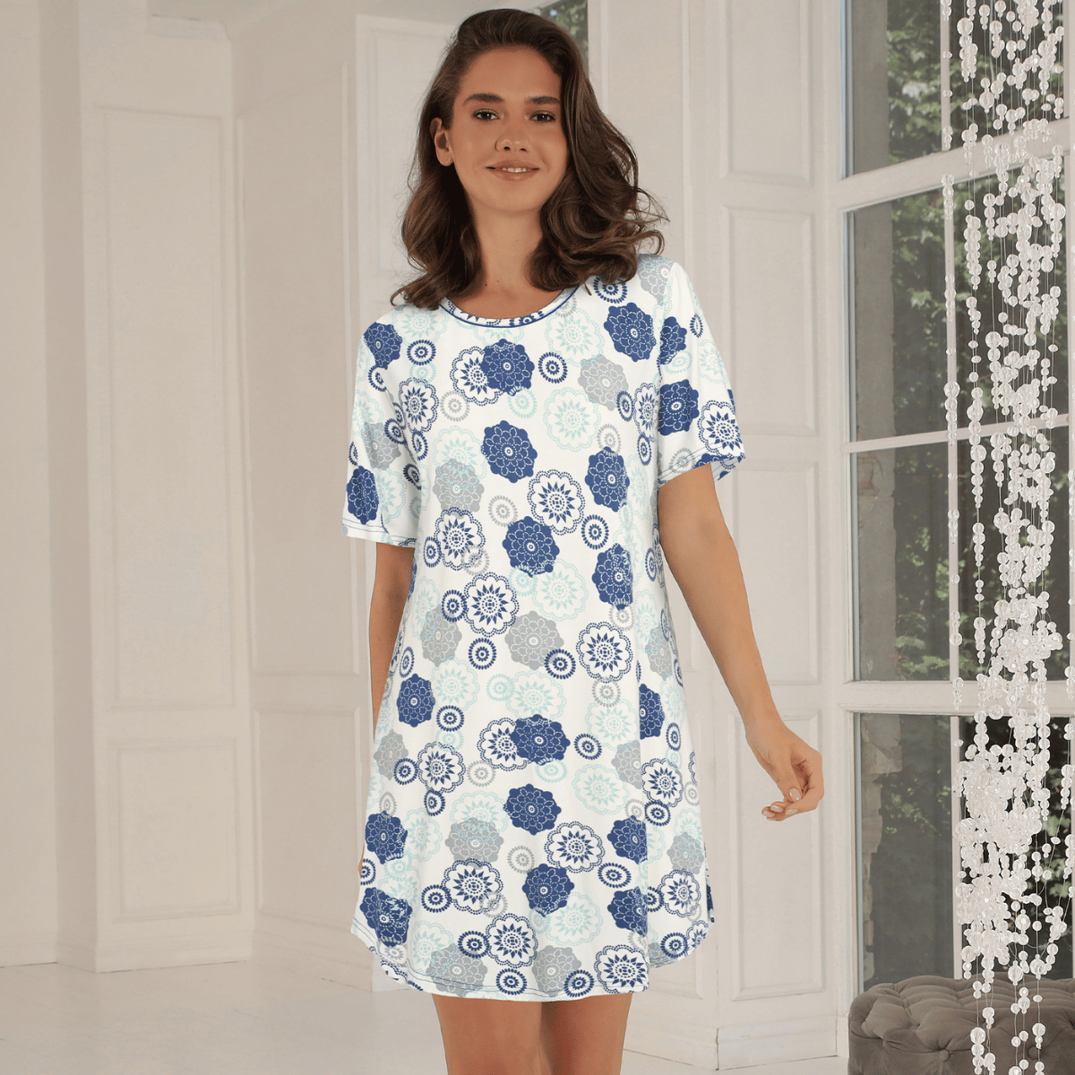 Lady Avenue Bamboo natkjole, multi - 63-702 - 655 - Blue/Grey Floral