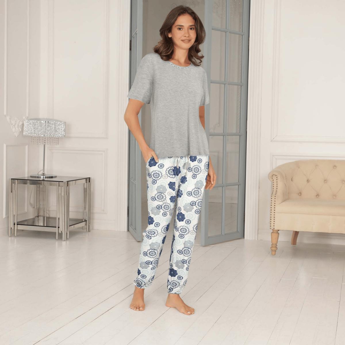 Lady Avenue Bamboo pyjamas, multi - 63-710 - 655 - Blue/Grey Floral