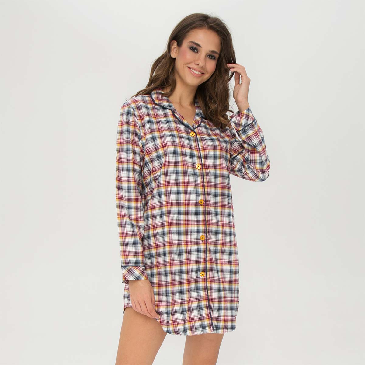 Lady Avenue Cotton Flannel natskjorte, multi - 83-1060 - 318 - Indigo/Amber