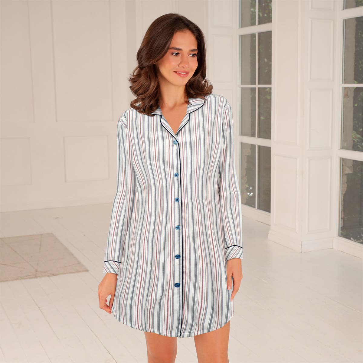 Lady Avenue Bamboo Flannel natskjorte, multi - 84-2085 - 1064 - Blue/Red Stripes
